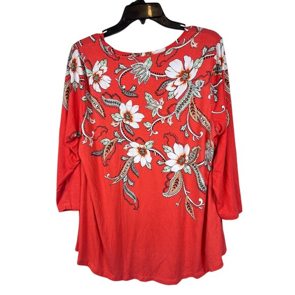 JM Collection Womens Size 1X Coral Floral Print 3/4 Sleeve Top - Picture 6 of 11